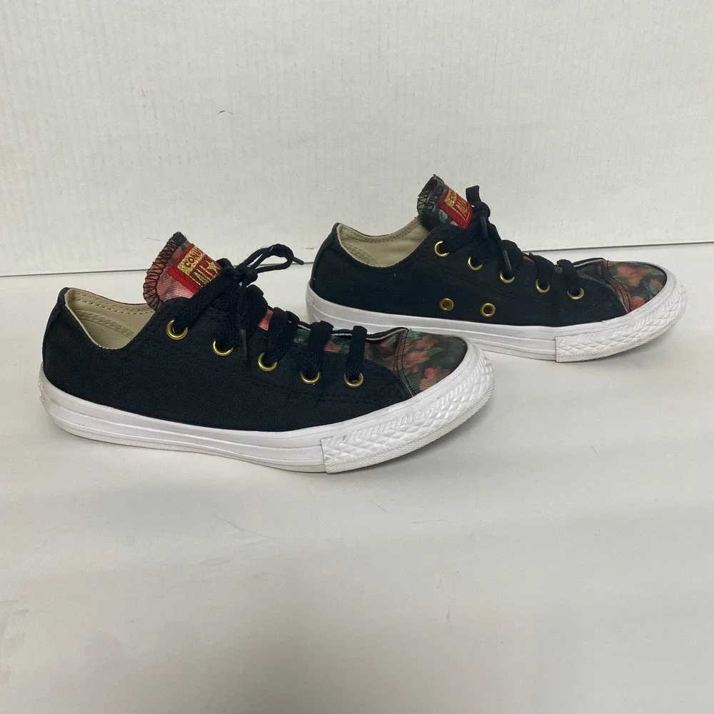 Converse‎ All Star Low Top Youth Size 2 Floral Black Gold Eyelet Sneakers Shoes